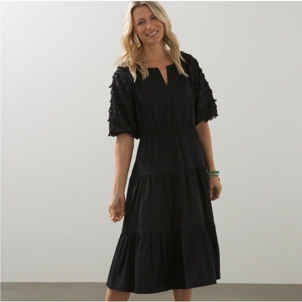 Chico's Black Poplin Fringe Midi Dress Size 10/Chico’s 1.5.